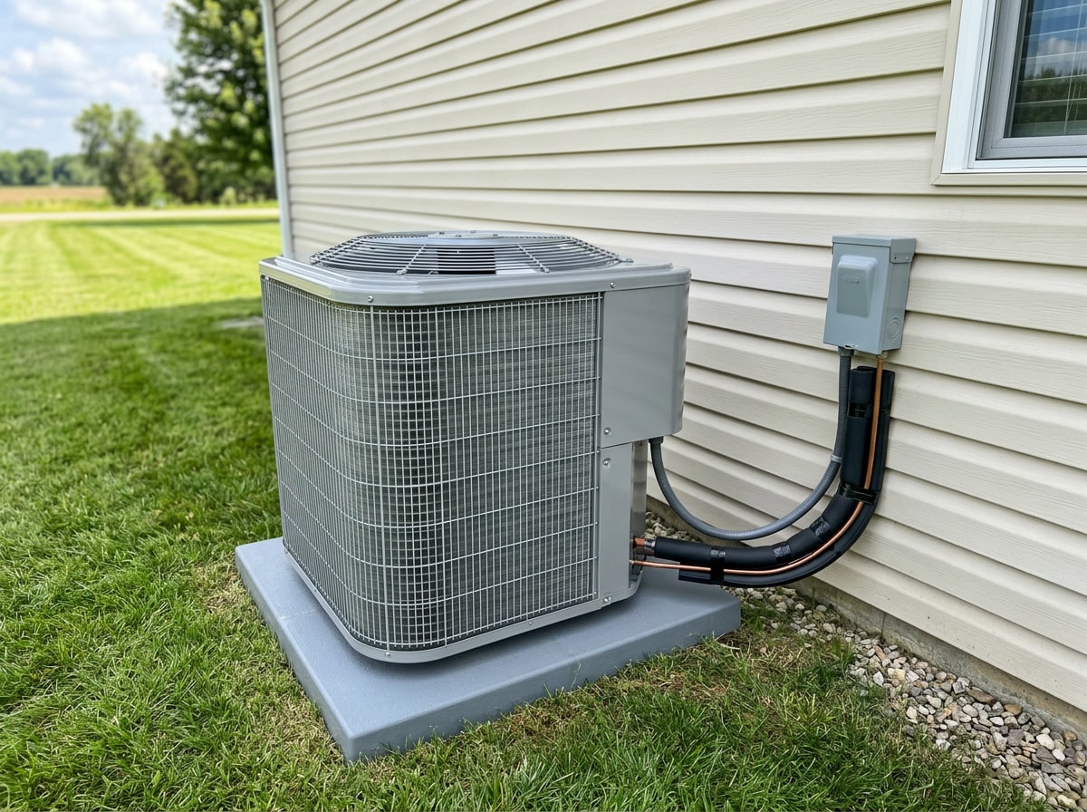 Outdoor central air conditioner condenser unit beside a rural Wisconsin home