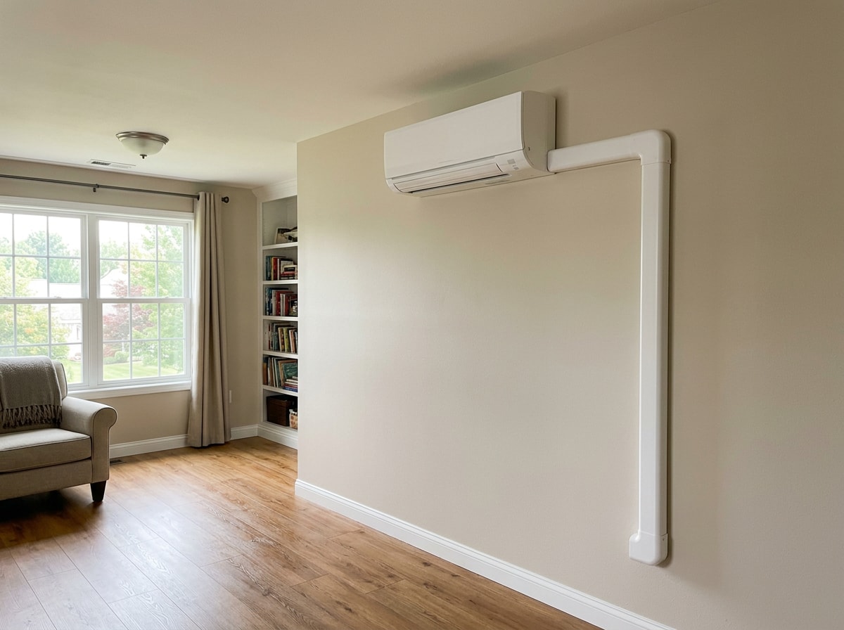 Wall-mounted ductless mini-split indoor head in a finished room