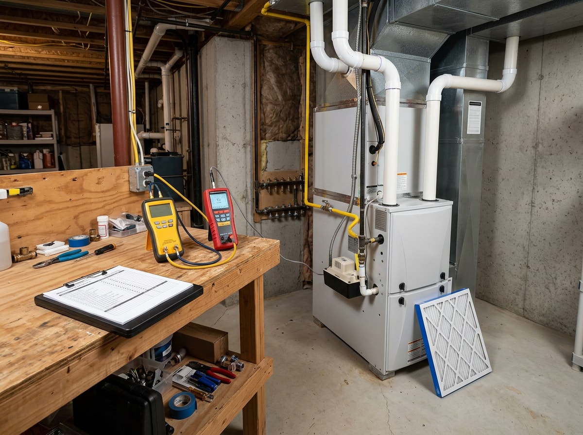HVAC maintenance checklist clipboard beside a residential furnace in a basement utility room