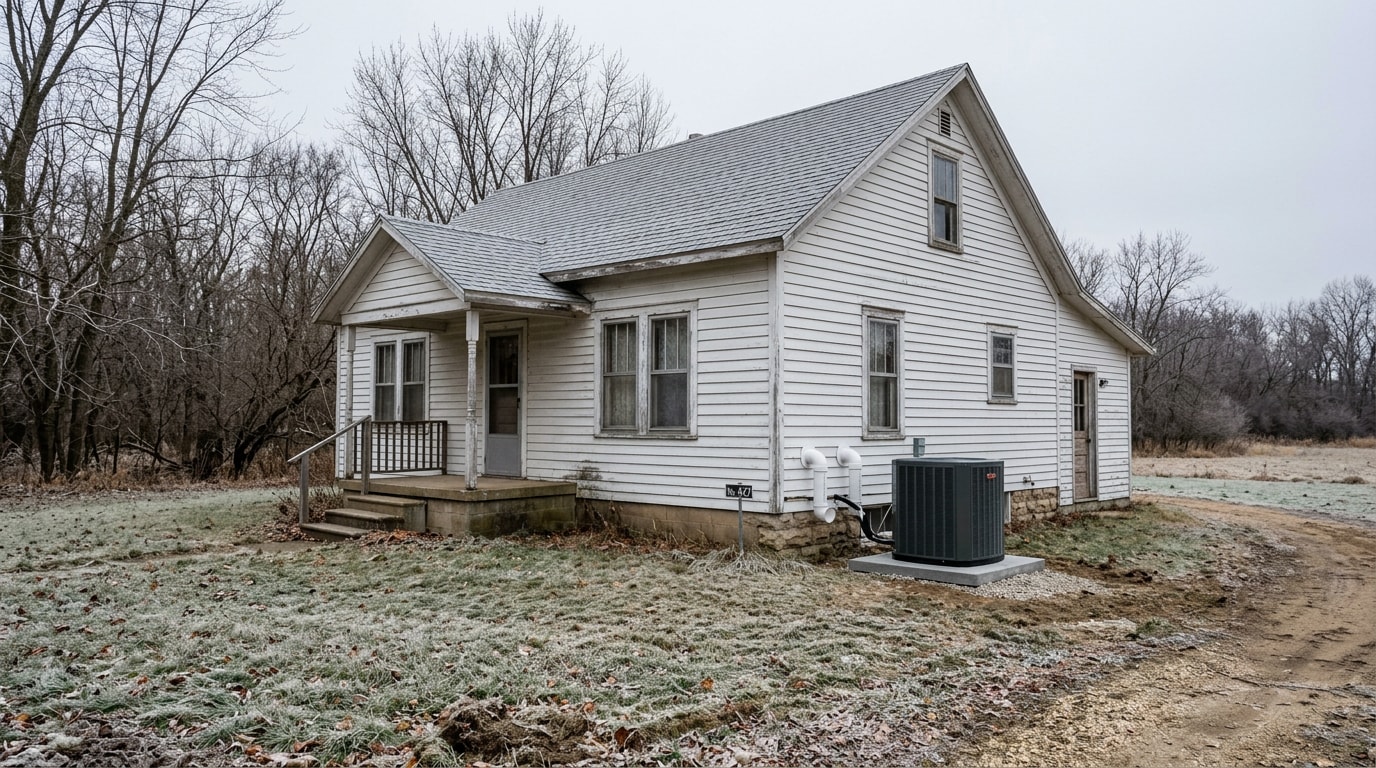 Residential furnace sidewall vent and outdoor AC condenser at a rural Wisconsin home Residential furnace sidewall vent and outdoor AC condenser at a rural Wisconsin home