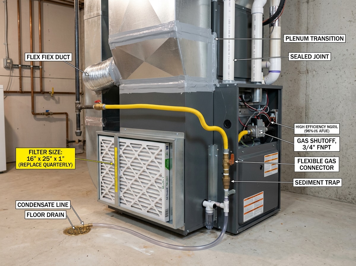 Newly installed high efficiency gas furnace with sheet metal plenum in a clean basement mechanical room