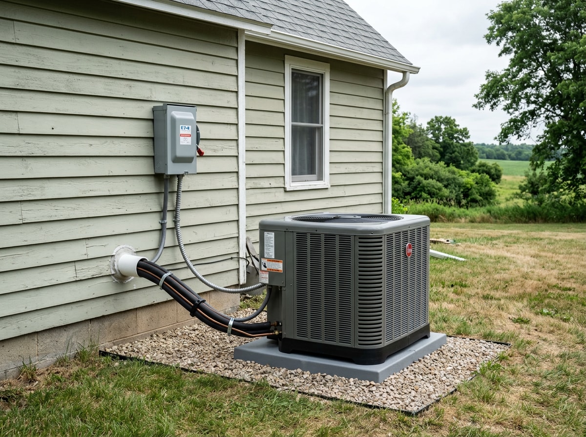 Outdoor air conditioner condenser unit installed on a level pad beside a rural Wisconsin home