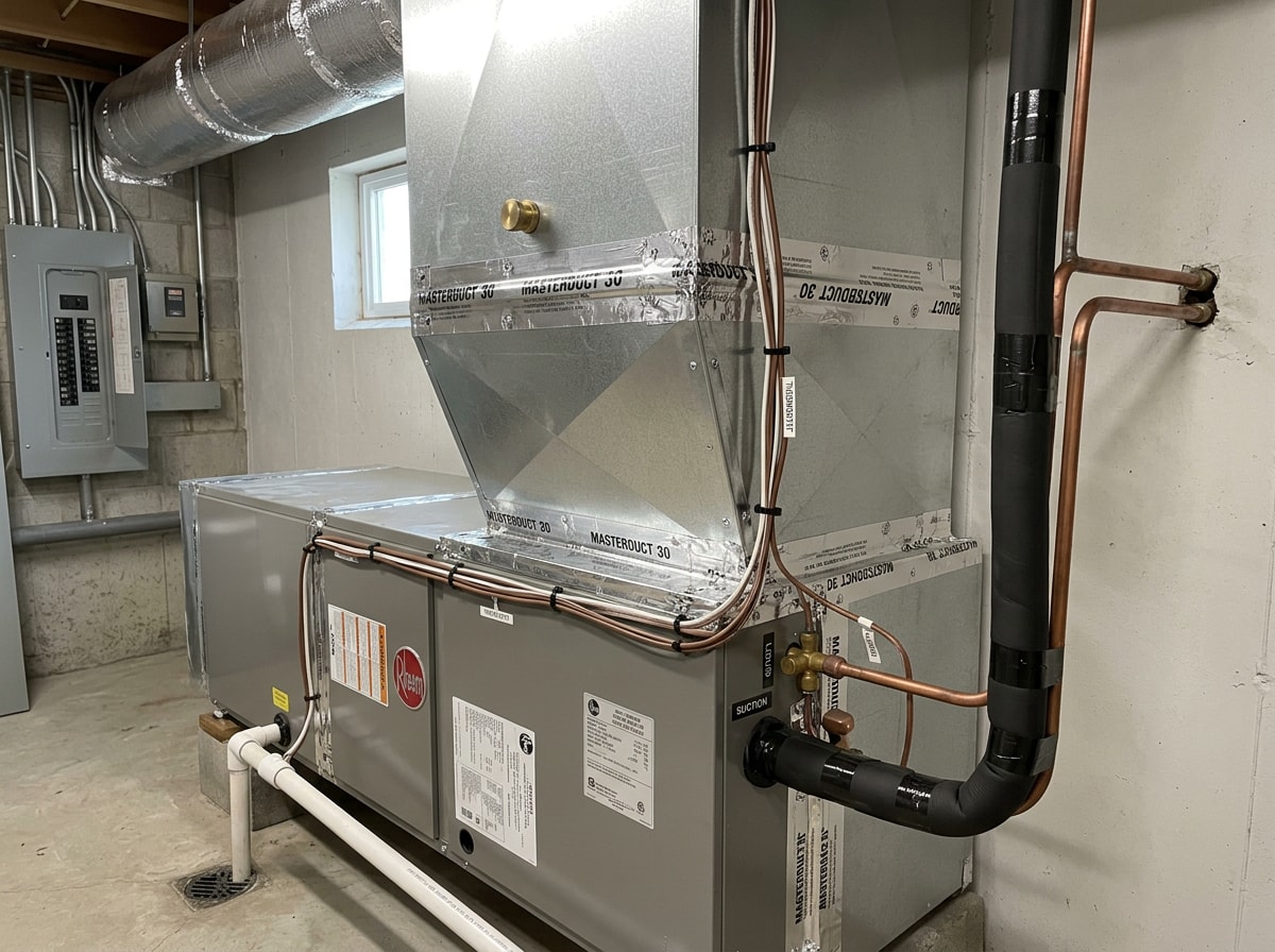 Finished ductwork transition and refrigerant line set connected to a new indoor air handler