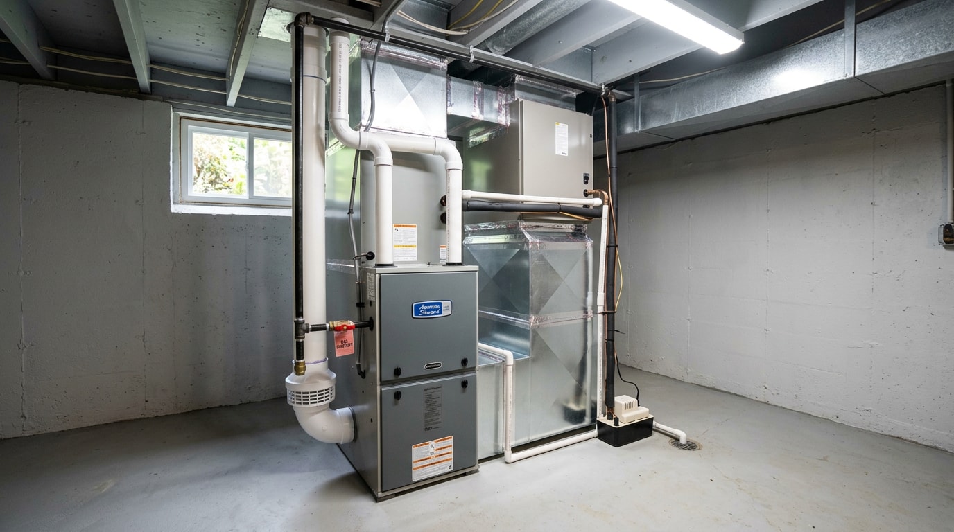 Newly installed high efficiency gas furnace in a Boyd, WI home basement Newly installed high efficiency gas furnace in a Boyd, WI home basement