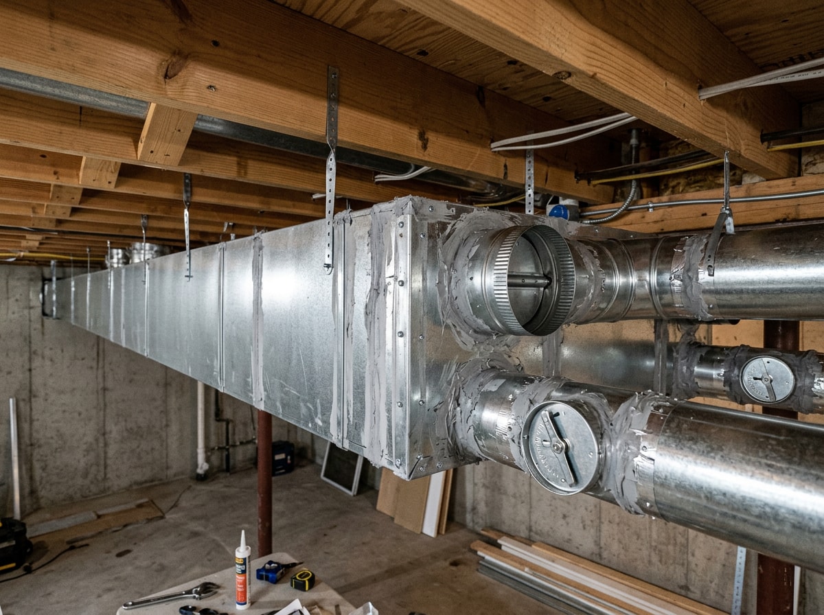 Newly installed galvanized sheet metal trunk line and branch ducts in a Wisconsin basement