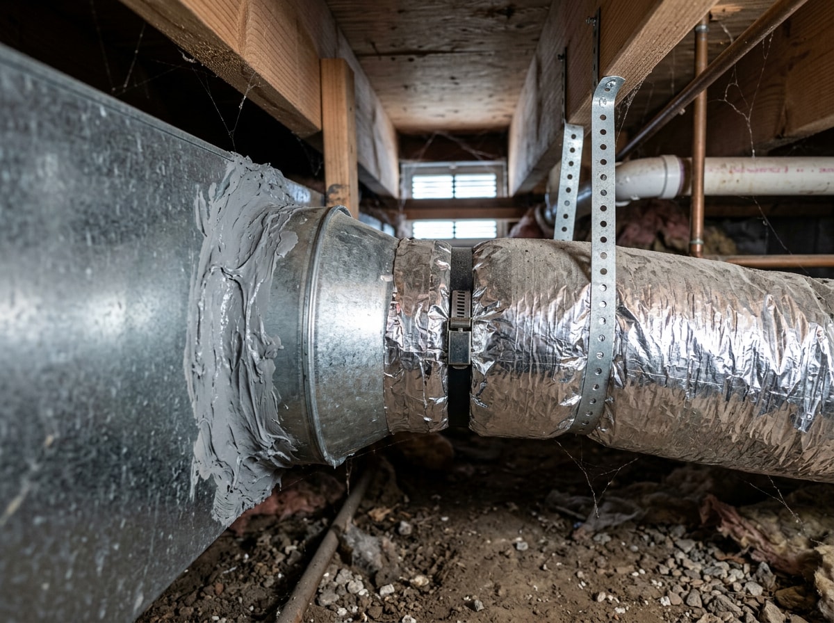 Mastic-sealed duct takeoff and insulated branch run in an unheated crawl space