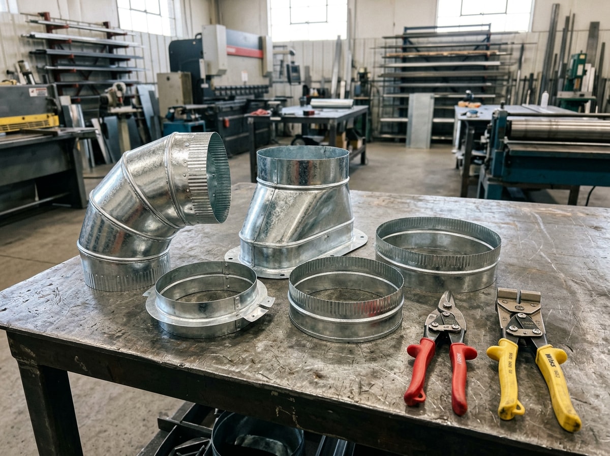 Fabricated galvanized sheet metal duct fittings staged on a shop bench