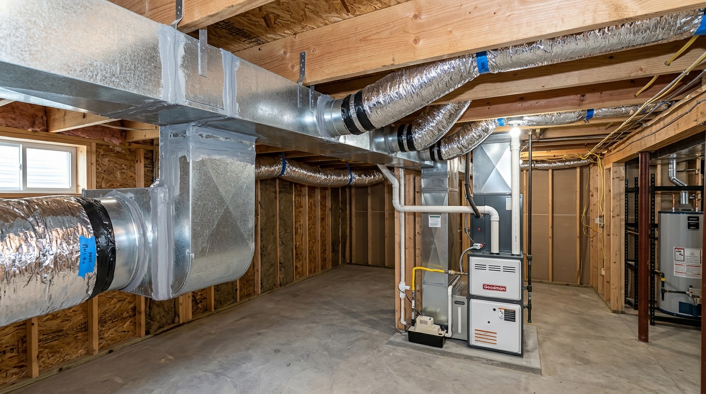 New galvanized sheet metal HVAC ductwork installed in a Stanley, WI home basement