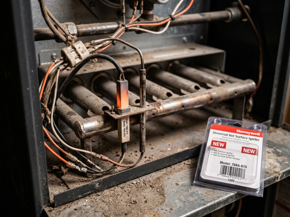 Open gas furnace cabinet showing hot surface igniter, flame sensor and burner assembly during a repair