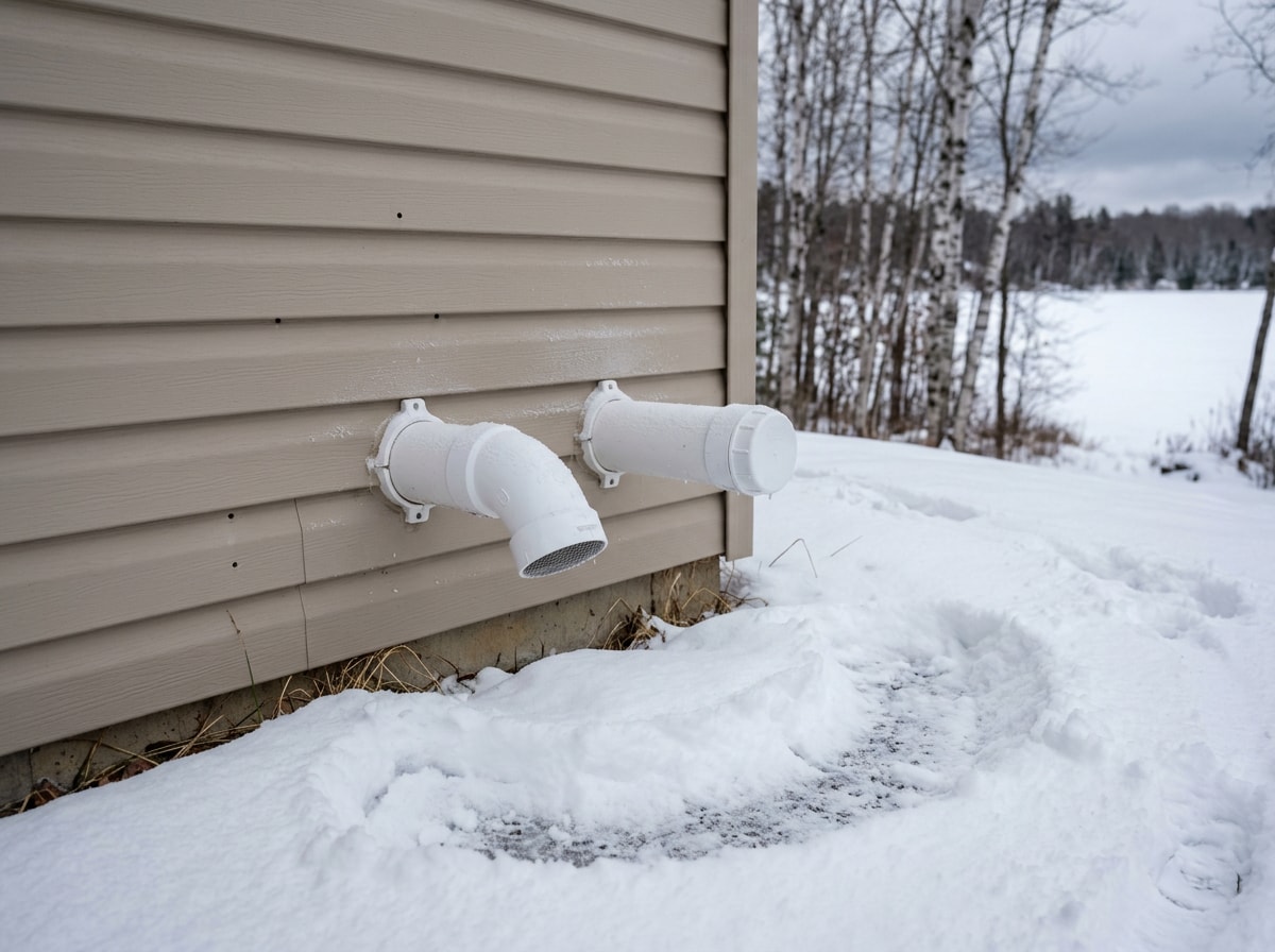 High-efficiency furnace PVC intake and exhaust vent terminations on an exterior house wall cleared of snow