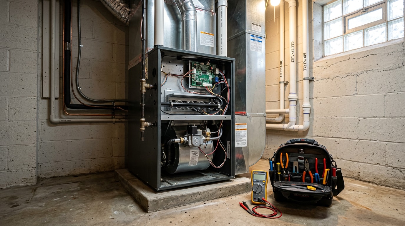 High-efficiency gas furnace with access panel open during a heating repair in a Holcombe, WI basement
