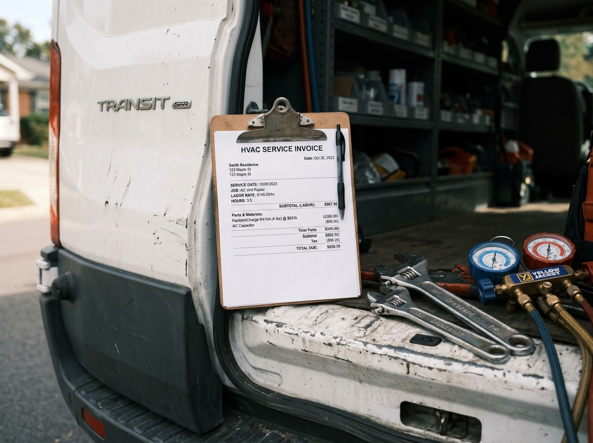 Technician's clipboard and invoice next to an HVAC service van showing a labor rate breakdown