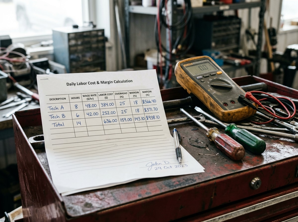 Close-up of a technician's labor rate worksheet with wage, overhead, and margin line items