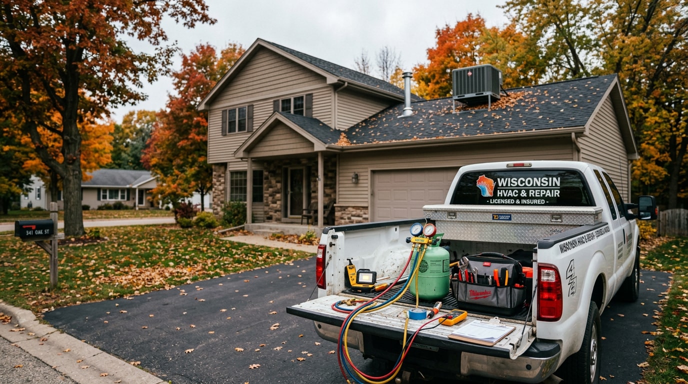 HVAC service van parked outside a home in Stanley, Wisconsin with tools staged for a repair call HVAC service van parked outside a home in Stanley, Wisconsin with tools staged for a repair call