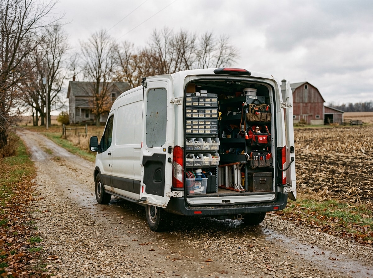Service van parked on a rural Wisconsin driveway with tools staged for an HVAC call