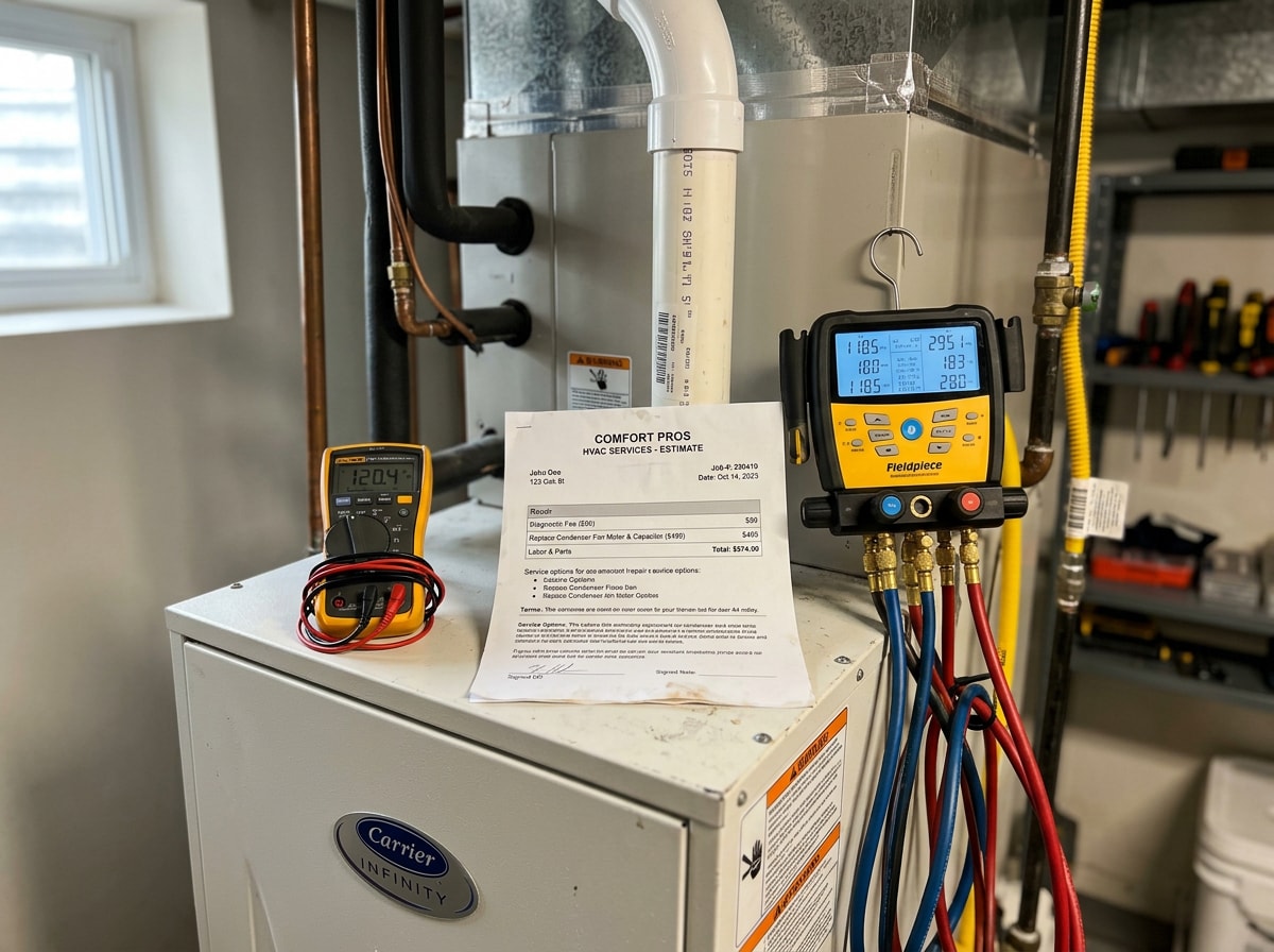 Technician tools, manifold gauges and a written repair quote resting on a residential furnace cabinet