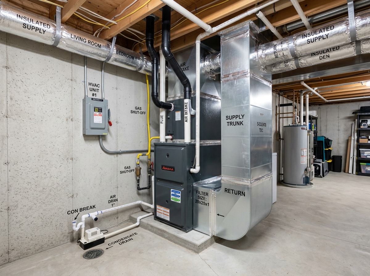 Clean finished furnace and sheet metal plenum installation in a Wisconsin basement mechanical room