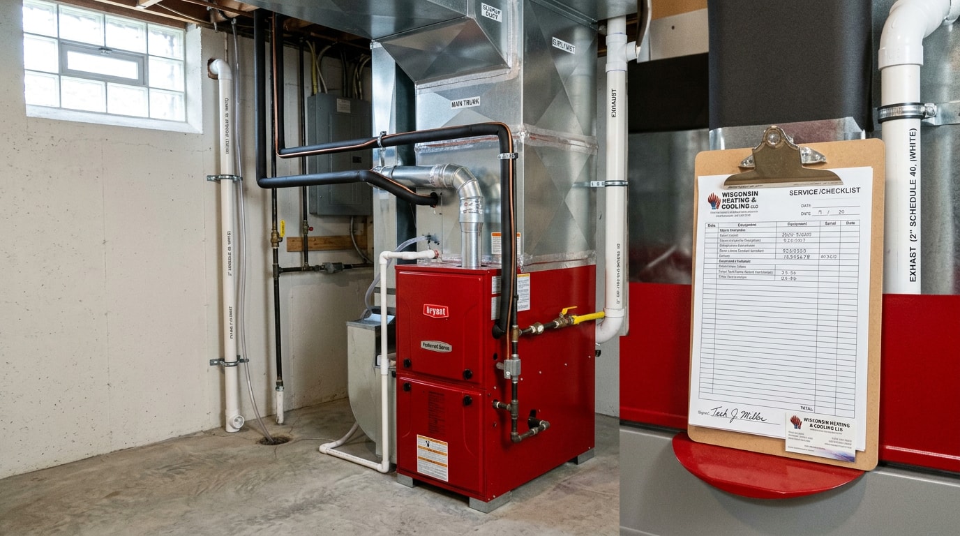 Finished furnace installation with a written service invoice on the cabinet in a Wisconsin basement