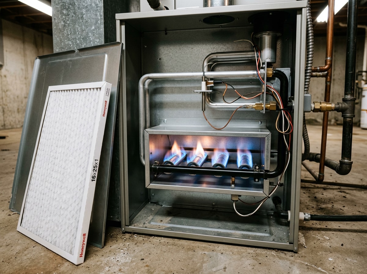 Clean furnace burner assembly and flame sensor after a seasonal tune-up in a Wisconsin basement