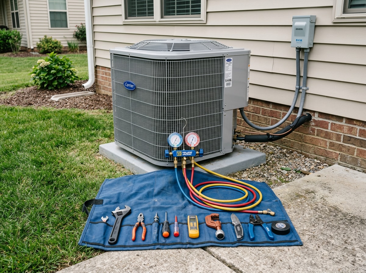 Technician tools and manifold gauges staged beside a clean outdoor condenser unit on a concrete pad