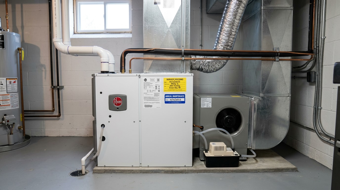 High-efficiency furnace in a clean basement utility room with a maintenance service tag on the cabinet