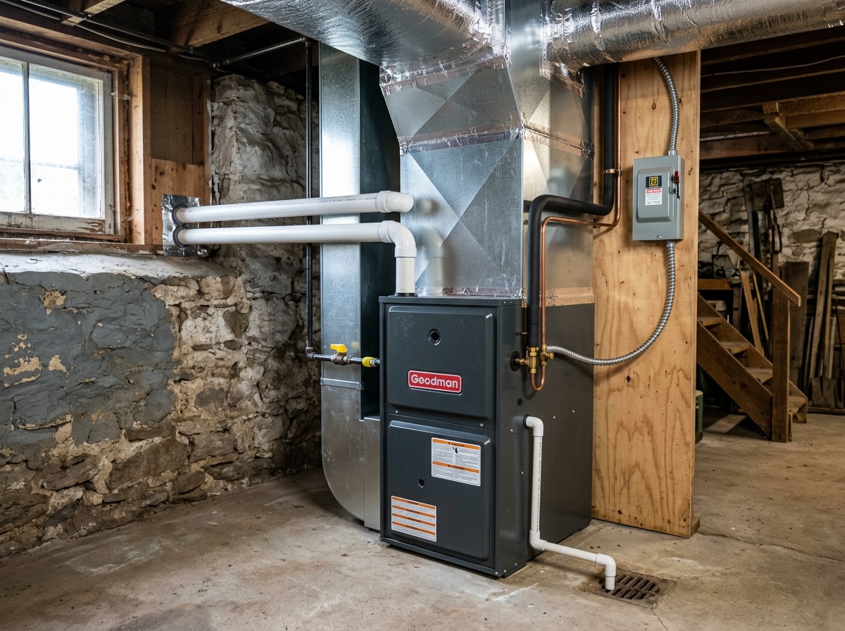New high-efficiency gas furnace installed in a clean rural basement with PVC venting and sheet metal plenum