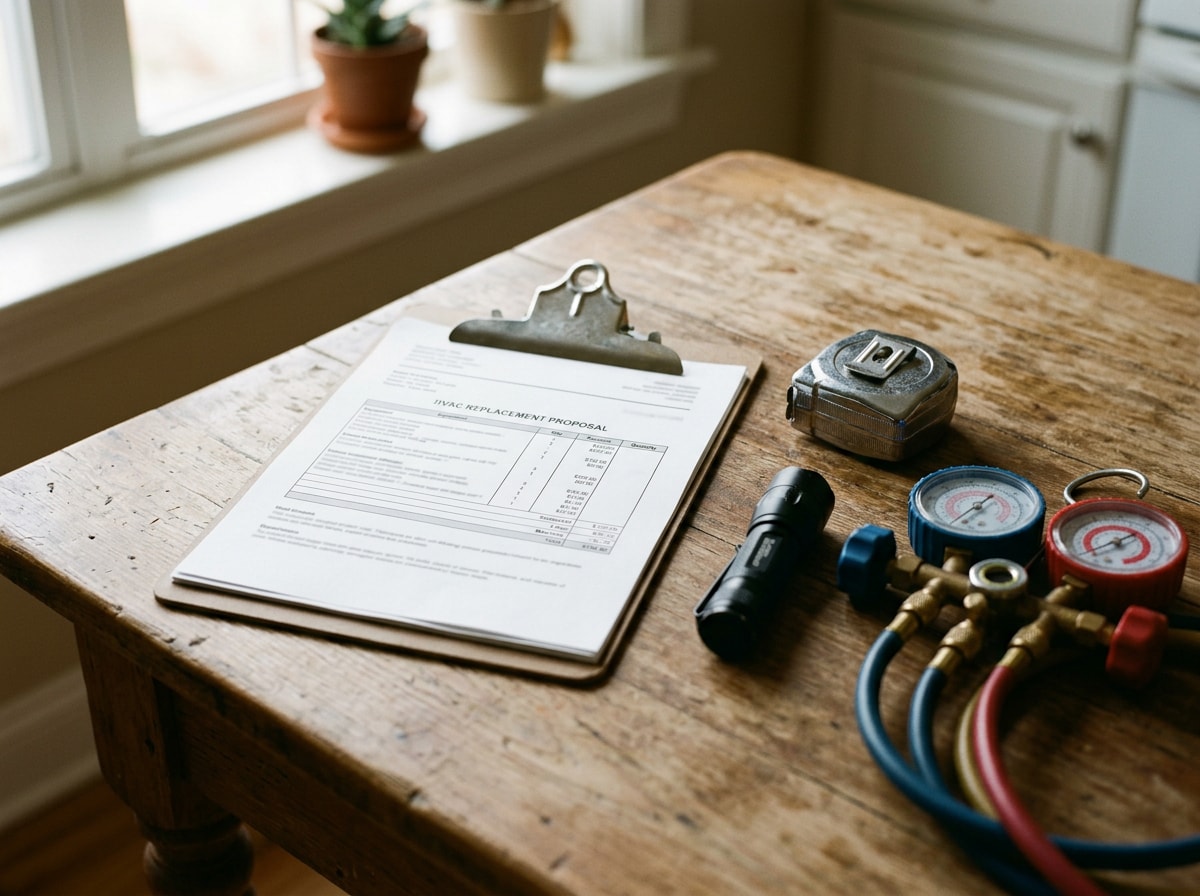 Printed HVAC replacement proposal on a clipboard beside a tape measure and flashlight on a kitchen table