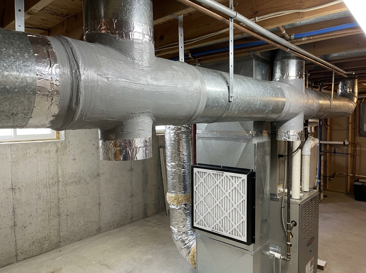 Duct sealing work completed on rigid metal trunk line with mastic and foil tape in a basement