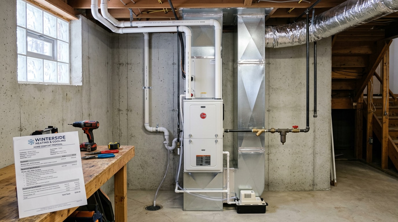 Newly installed high-efficiency gas furnace with PVC venting in a clean Wisconsin basement