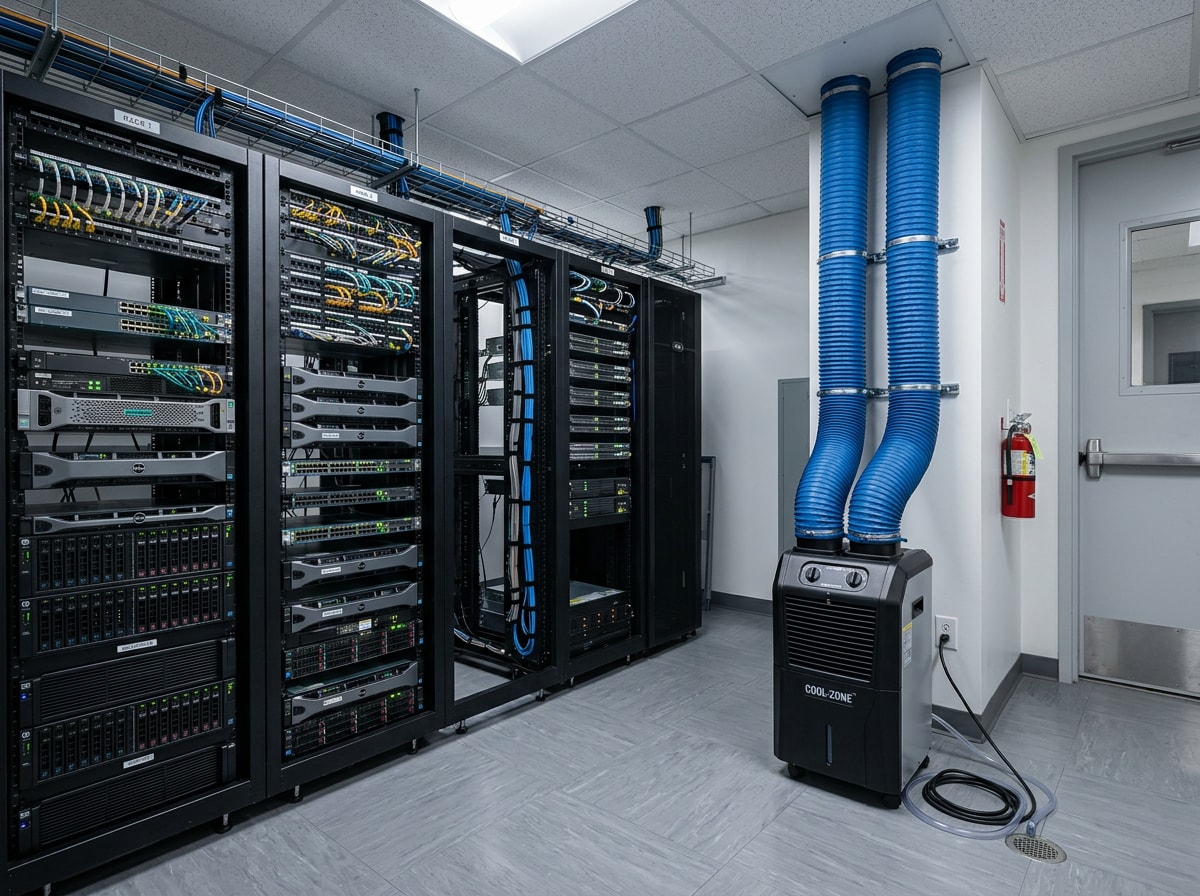 Portable spot cooler rental with flexible ducting positioned inside a server room