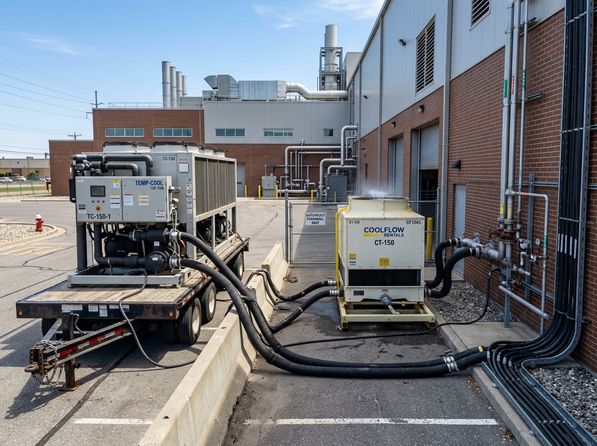 Trailer-mounted rental chiller and cooling tower staged on pavement beside a manufacturing plant