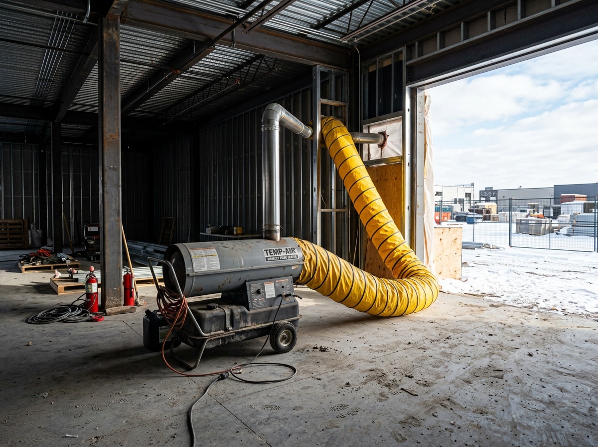 Indirect fired temporary heater with ducting supplying heat inside an unfinished commercial building