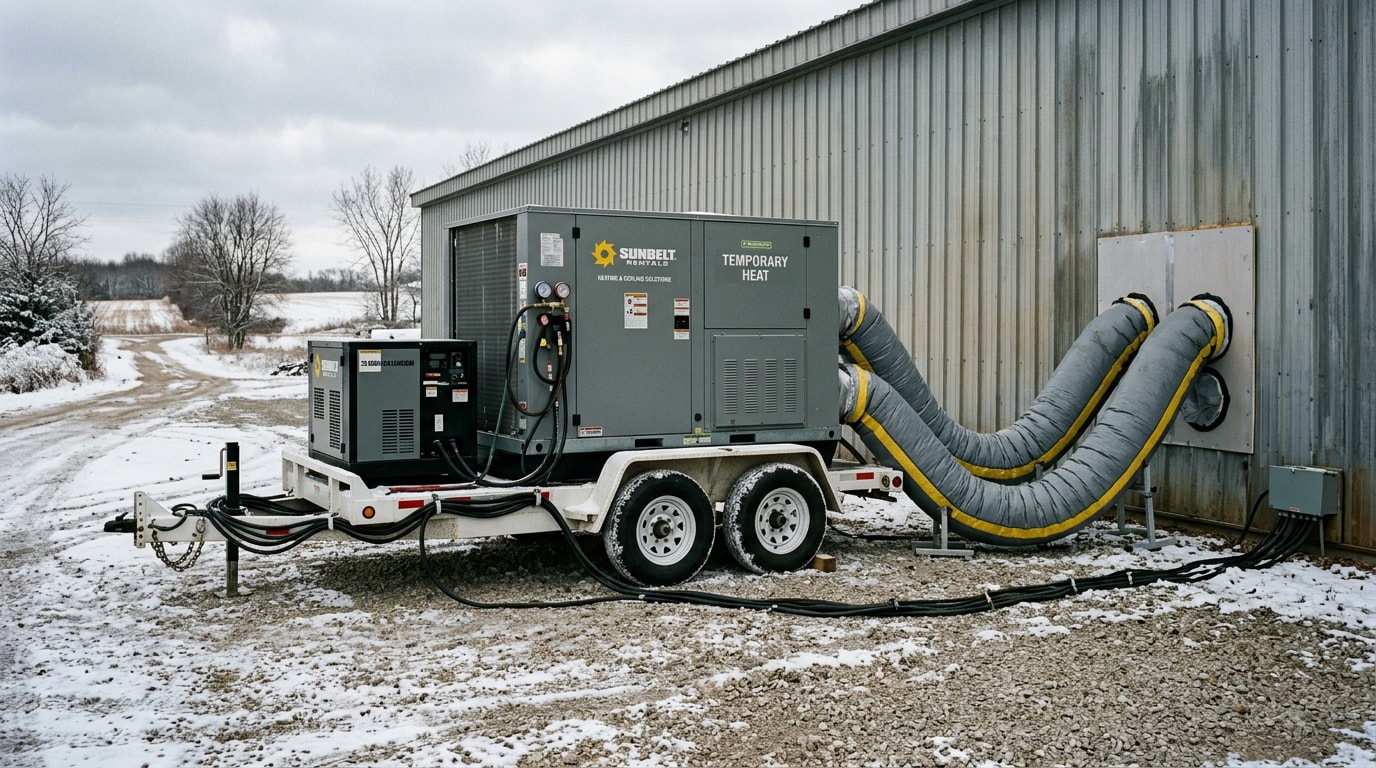 Trailer-mounted temporary HVAC rental unit staged outside a Chippewa County commercial building Trailer-mounted temporary HVAC rental unit staged outside a Chippewa County commercial building