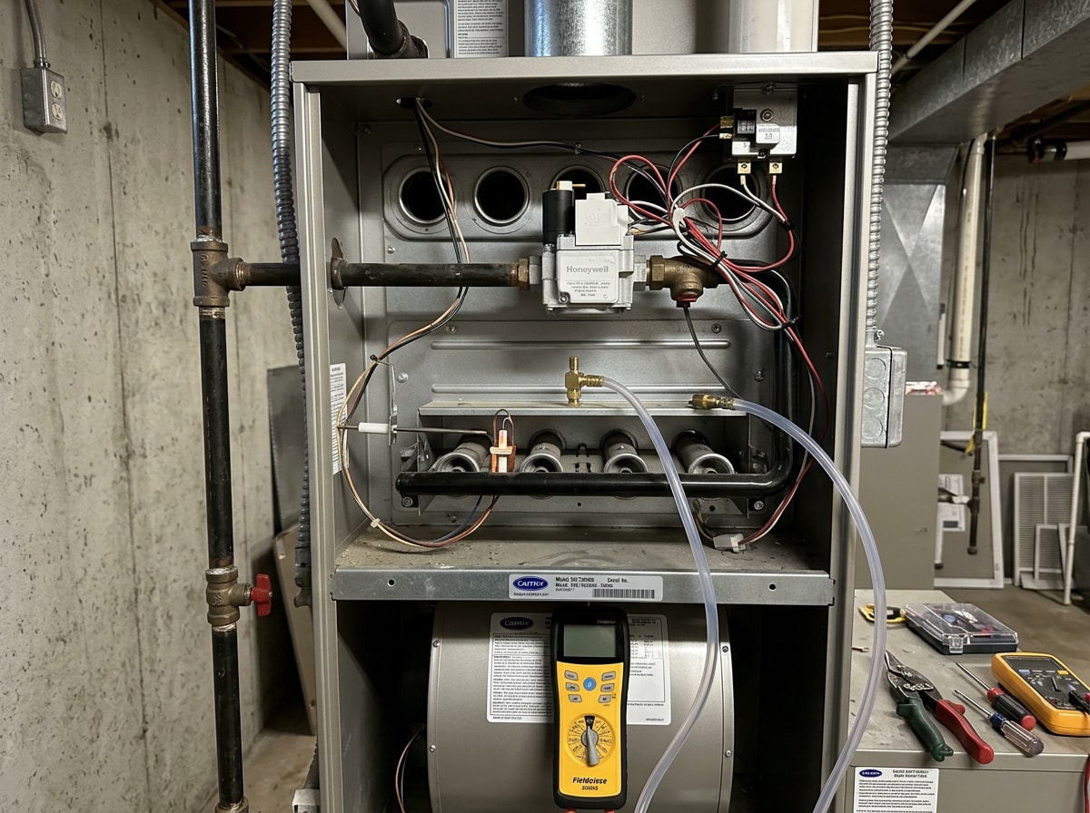 Residential gas furnace with access panel removed showing burner assembly and flame sensor during a diagnostic service call