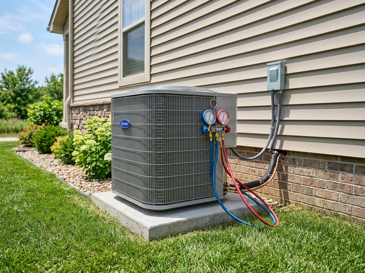 Outdoor air conditioning condensing unit with service gauges connected and clean coil fins