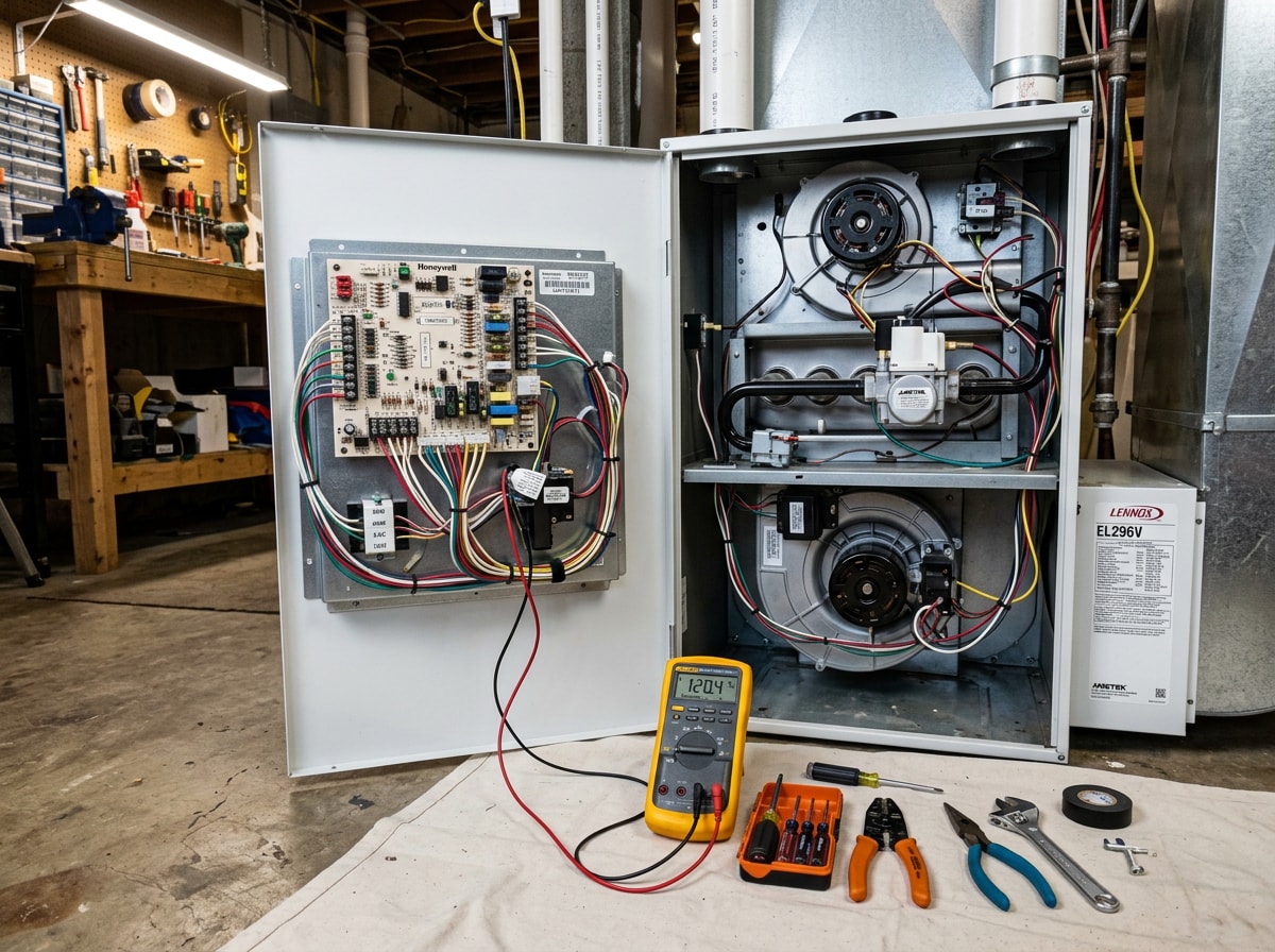 Technician tools and multimeter set beside an open high efficiency gas furnace control board
