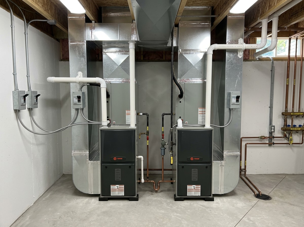 Two high efficiency furnaces installed side by side in a clean residential mechanical room with new venting