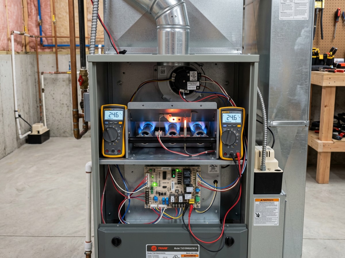 Gas furnace open for diagnostic service in a Wisconsin home basement