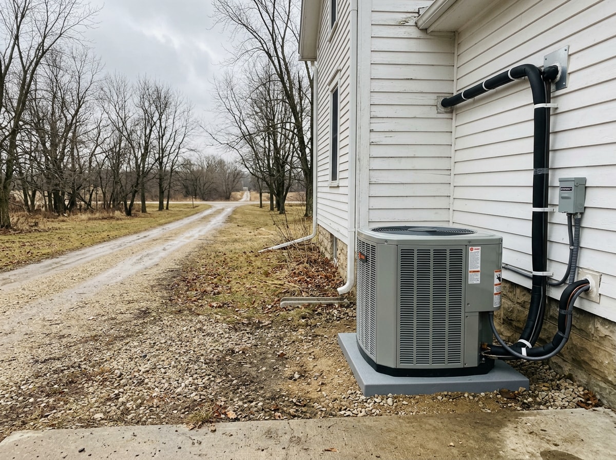 Two-stage gas furnace and matched outdoor condenser installed in a rural Wisconsin home