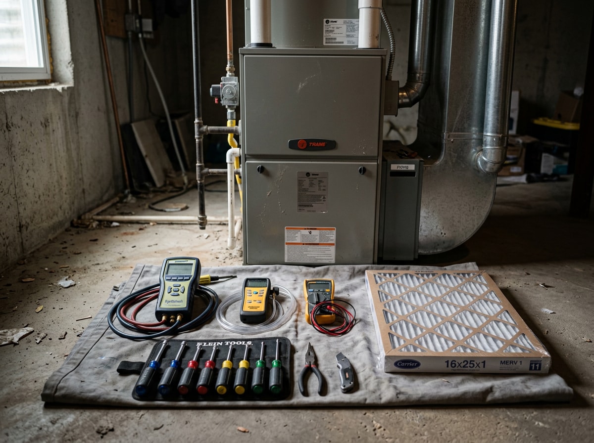 Technician's gauges and tools laid out during a residential furnace tune-up