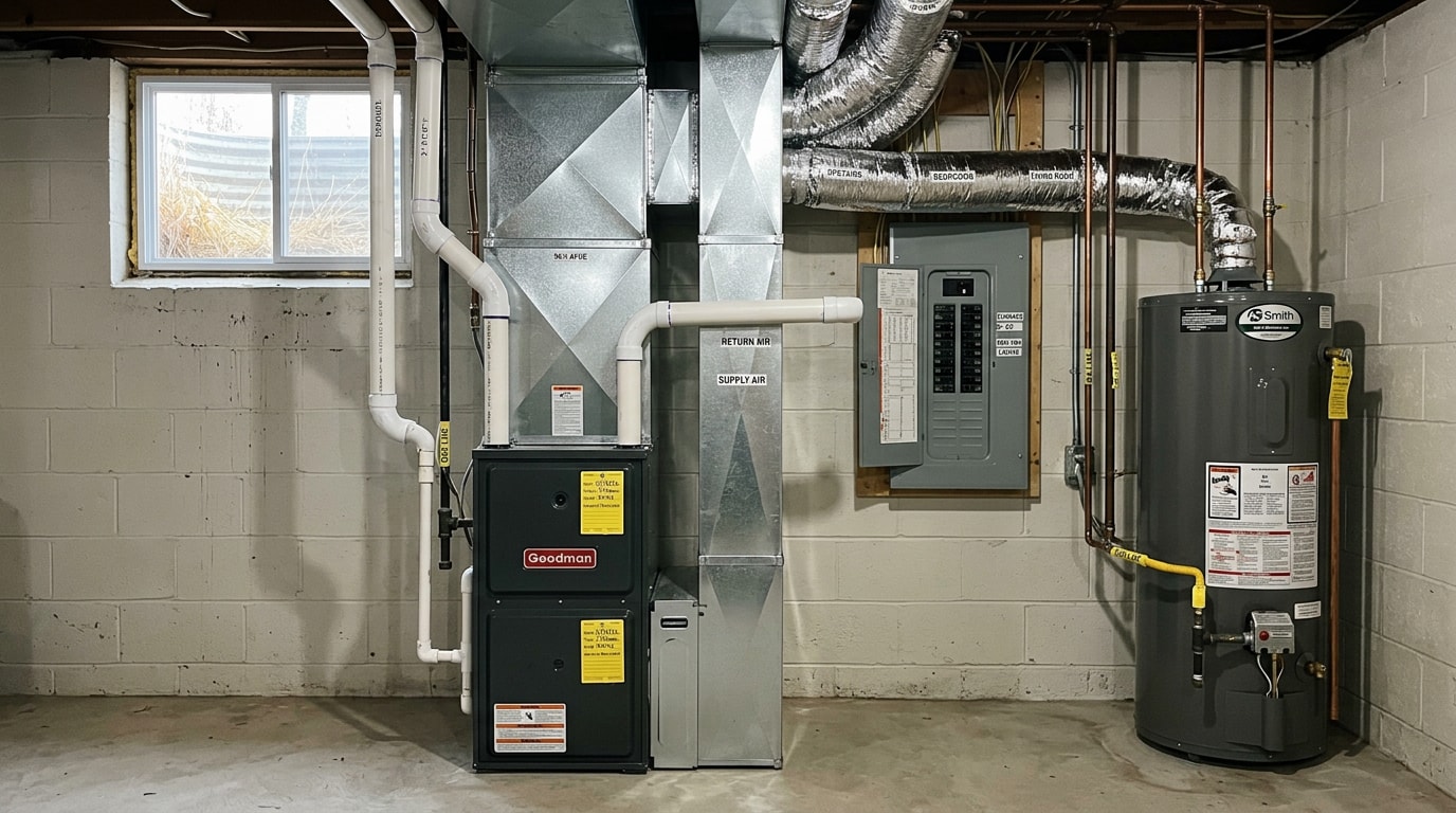 Newly serviced high-efficiency gas furnace in a Wisconsin home mechanical room Newly serviced high-efficiency gas furnace in a Wisconsin home mechanical room