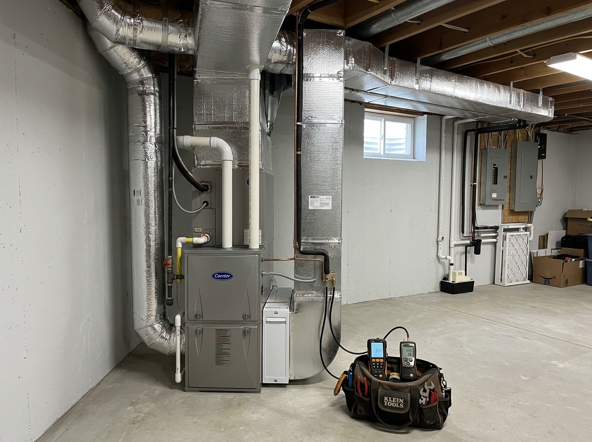 Gas furnace and ducted air handler installed in a clean Wisconsin basement mechanical room