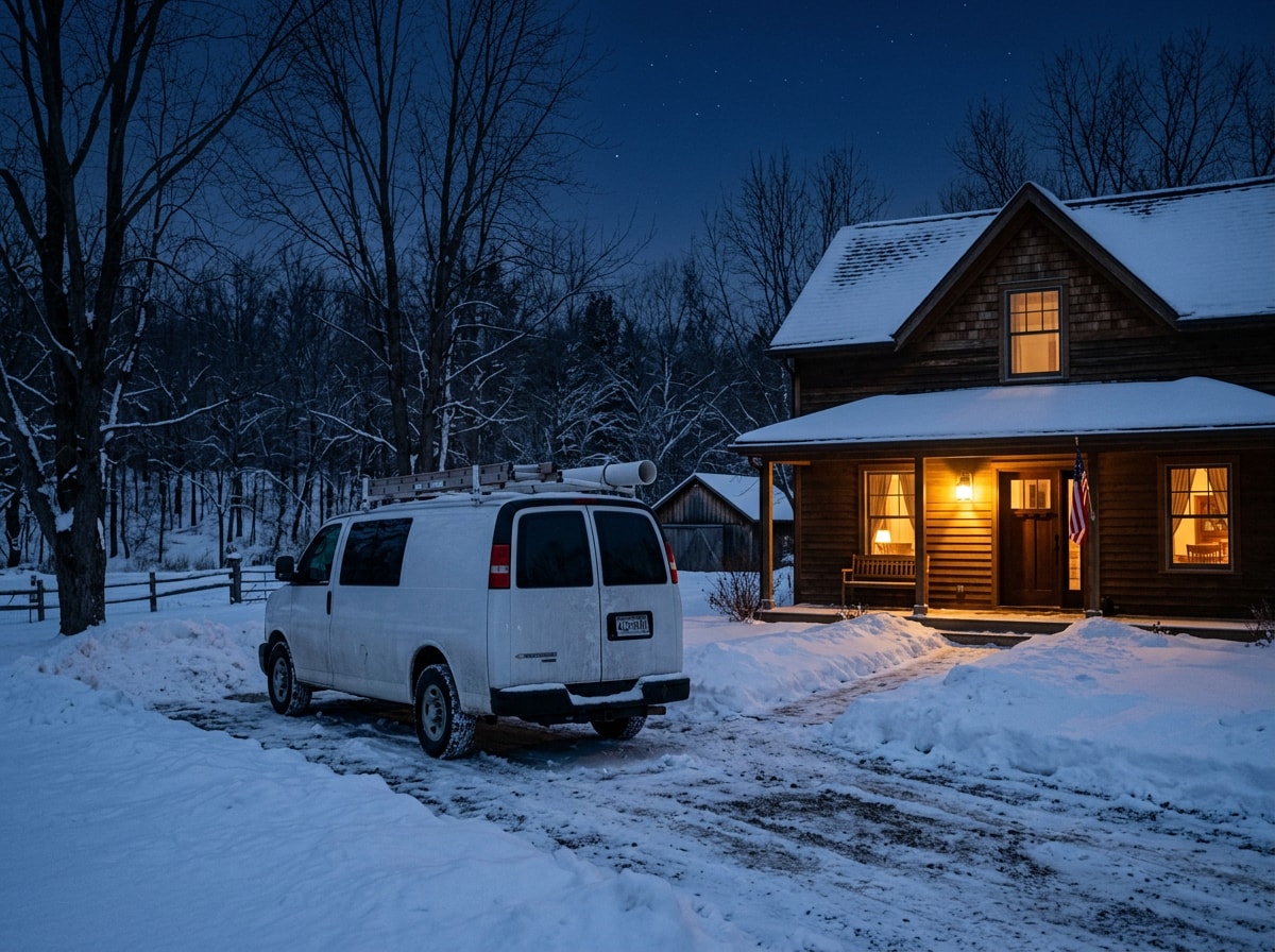 HVAC service van parked in a snowy driveway at night outside a rural Wisconsin farmhouse