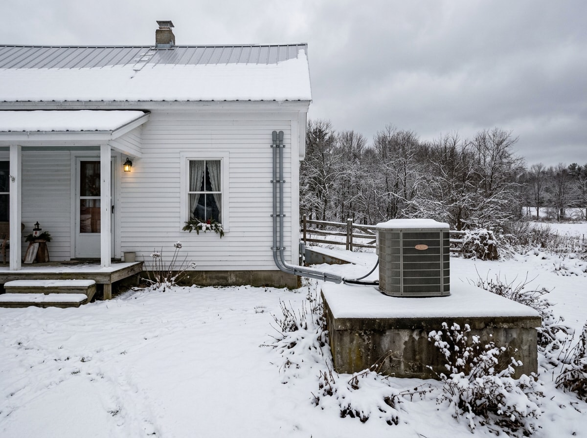 Rural Wisconsin farmhouse with a snow-covered roof and an outdoor heat pump unit on a concrete pad