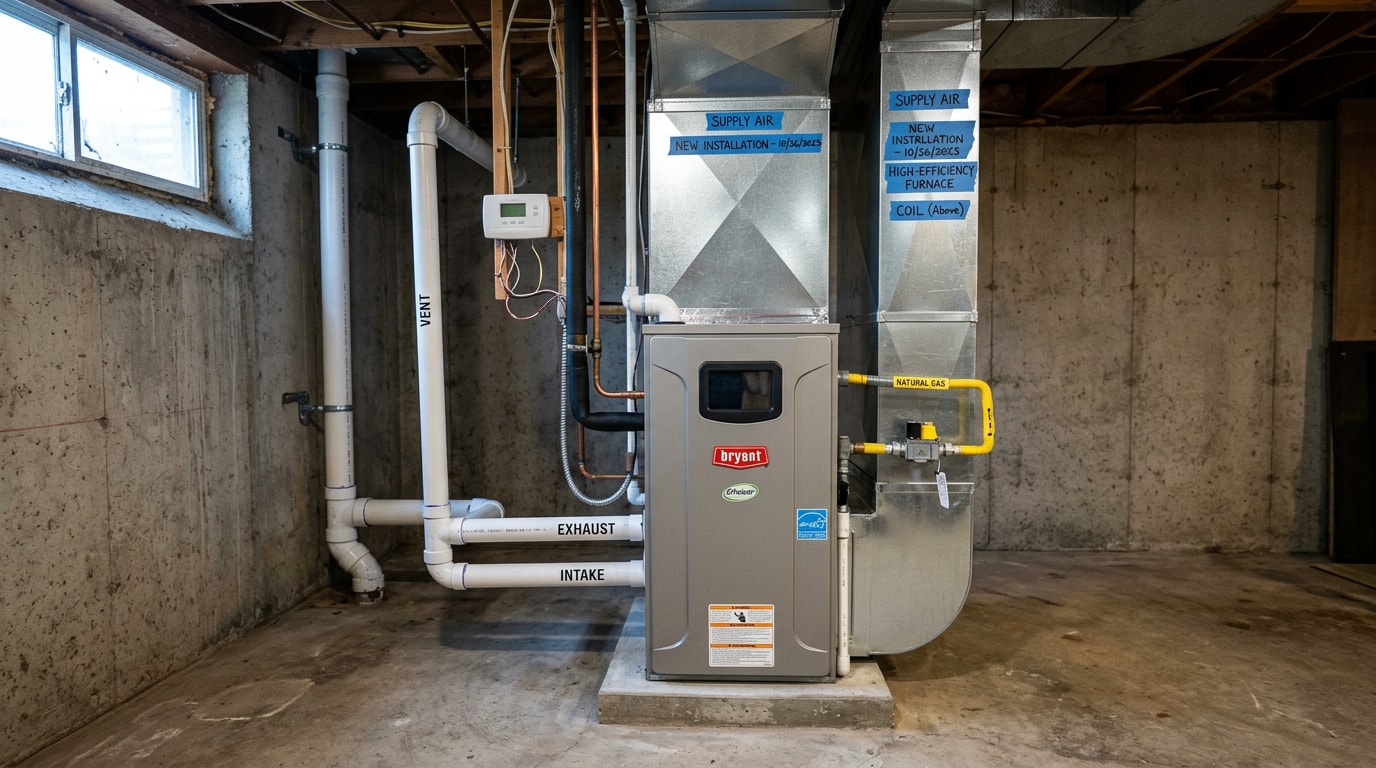 Newly installed high-efficiency gas furnace in a clean Wisconsin basement mechanical room