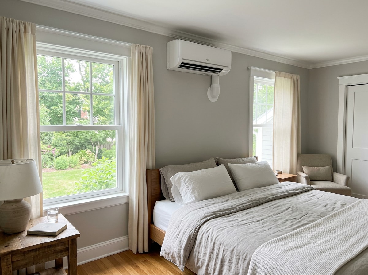 Wall-mounted ductless mini split indoor head installed above a window in a finished upstairs room