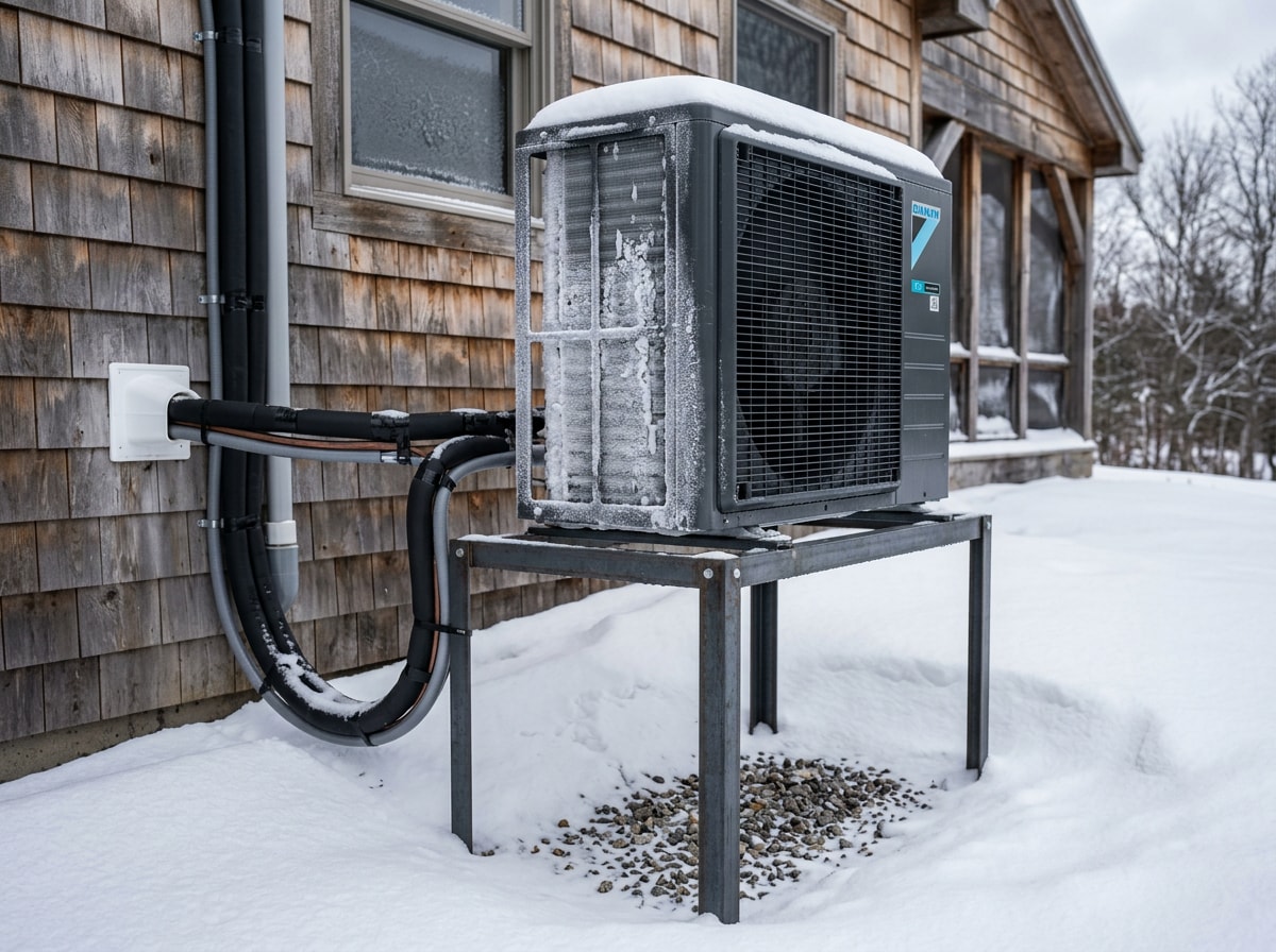 Outdoor mini split condenser mounted on an elevated snow stand beside a rural Wisconsin home in winter