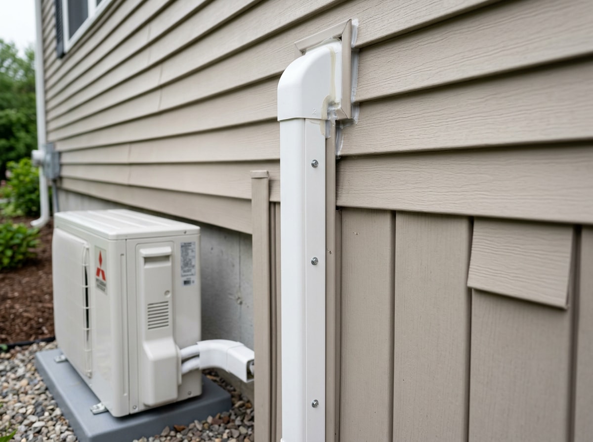 Finished ductless mini split line set with white line-hide cover running down exterior siding to the outdoor unit