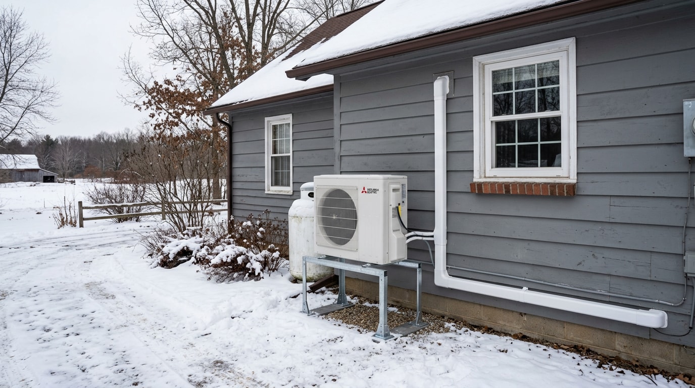 Ductless mini split outdoor condenser on an elevated snow stand outside a Wisconsin home Ductless mini split outdoor condenser on an elevated snow stand outside a Wisconsin home