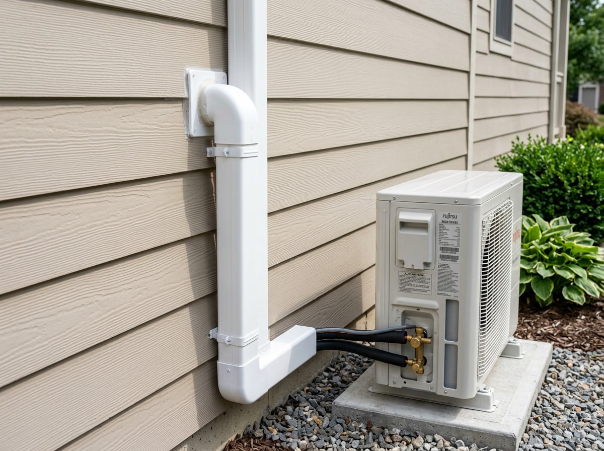 Ductless mini split line set routed in white line-hide cover down lap siding to an outdoor condenser